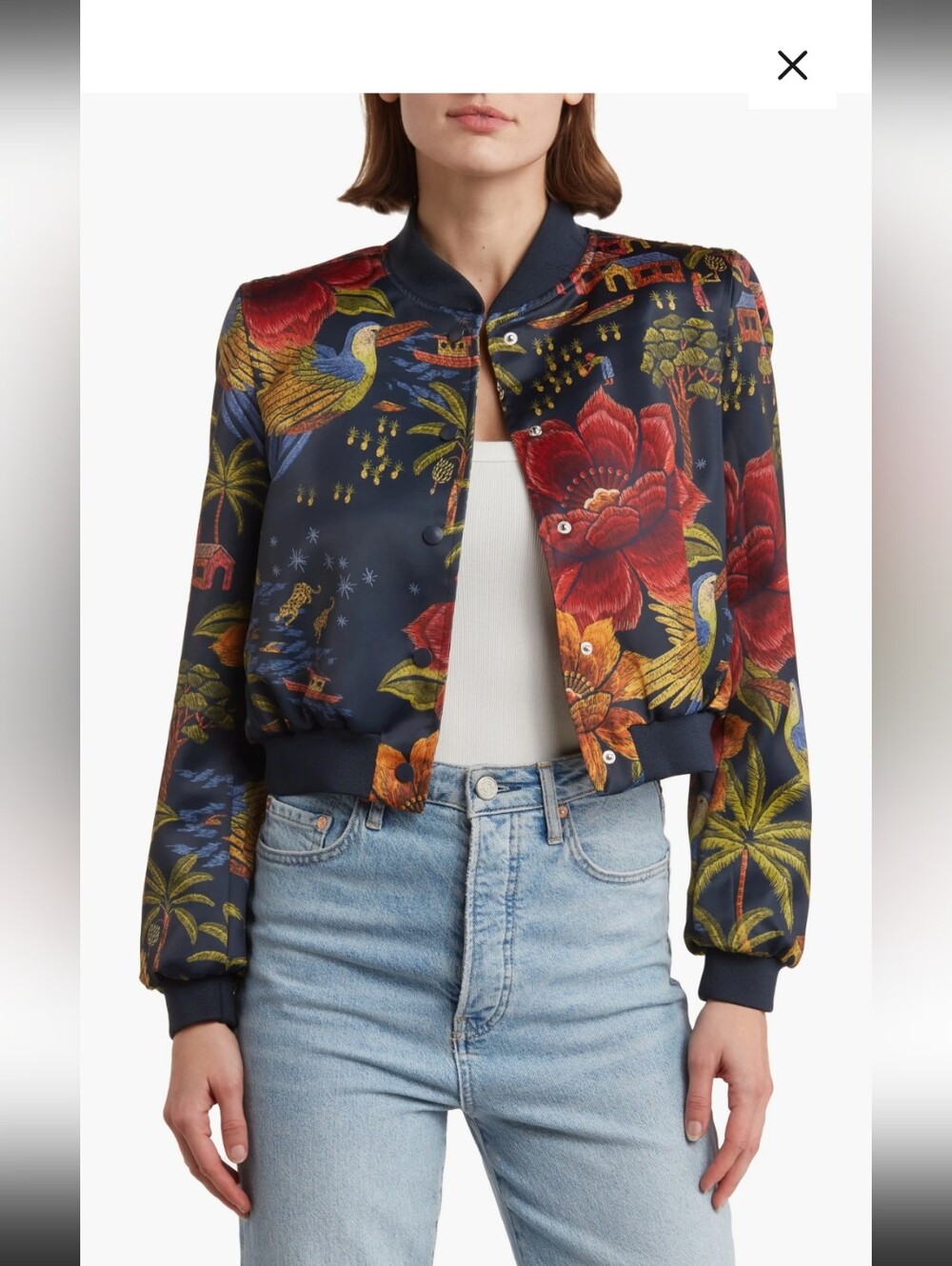 Industry Republic Floral Navy Satin Bomber Jacket, Red Flowers